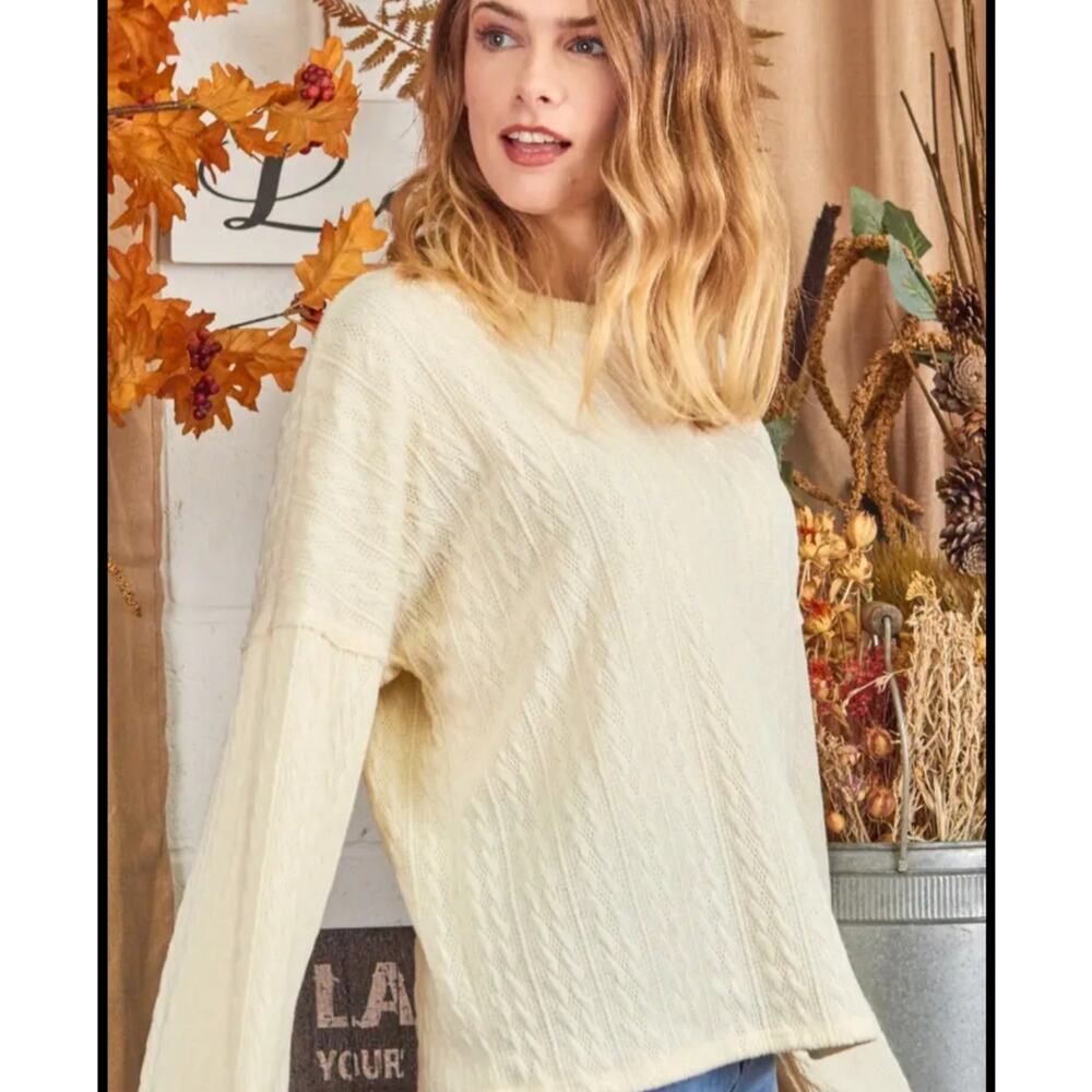 New P.S. Kate Textured Sweater Knit Top Long Sleeve Stretch White Size Medium